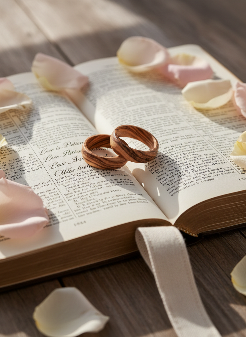 A pair of intertwined, hand-carved olive wood rings rests atop an open Bible, precisely centered on a passage about love. The thin Bible pages show subtle texture, with slightly curled edges and faint gold gilding catching the light. Around the book, pale rose petals and a simple linen bookmark form a soft frame. Diffused morning light from the side illuminates the scene, creating tender highlights on the rings and gentle shadows between the pages. Photographic realism, captured from a slightly elevated angle, with a shallow depth of field that keeps the rings and highlighted text in sharp focus while the surroundings dissolve into a graceful, sophisticated blur.