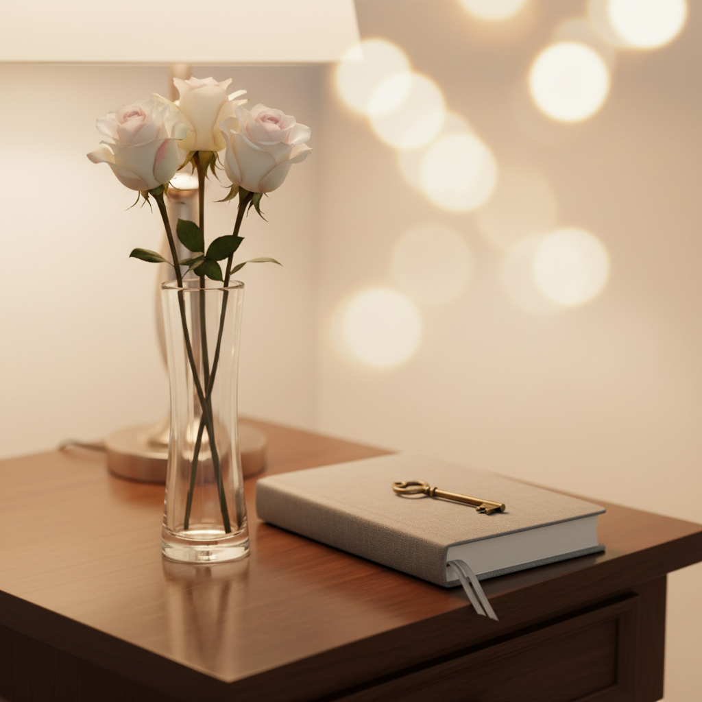 A slender crystal vase holds three long-stemmed white roses, each petal edged with a faint blush of pink, placed on a polished dark oak nightstand. Beside the vase lies a closed prayer journal with a soft gray linen cover, a thin ribbon peeking out, and a small brass key resting on top. A distant, warmly lit lamp casts a gentle amber glow, reflecting softly through the crystal and across the tabletop. Photographic realism, shot from a slightly elevated side angle, using a shallow depth of field to blur the background into creamy bokeh. The mood is serene, hopeful, and quietly romantic, ideal for nightly love poem reflections rooted in faith.