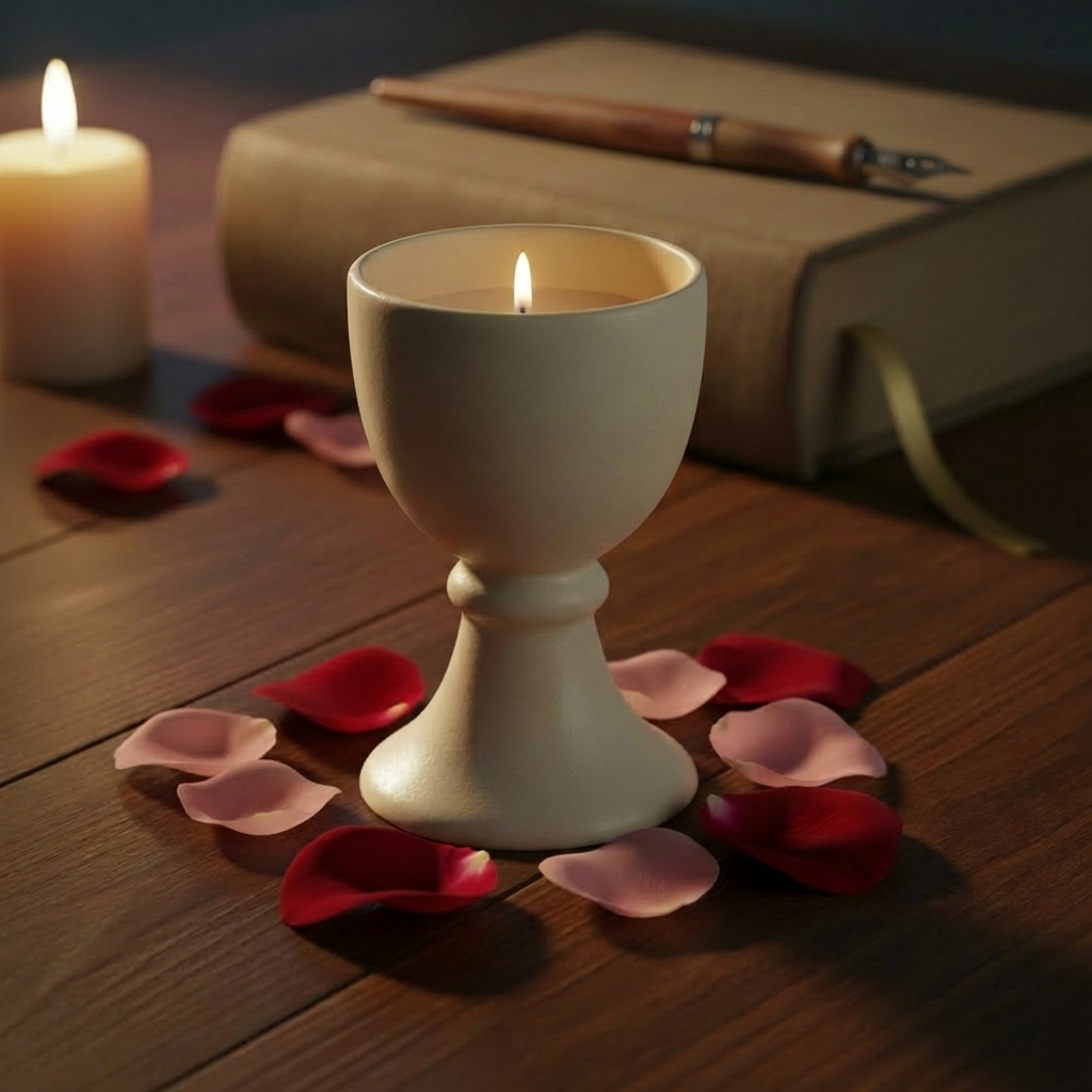 A simple ceramic chalice in matte ivory glaze stands on a dark wooden table, surrounded by scattered rose petals in blush and deep crimson tones. Behind it, slightly out of focus, lies a closed, cloth-bound book with a subtle cross embossed on its cover, and a thin ribbon marker trailing gracefully. Candlelight from several off-frame votives bathes the scene in warm, flickering illumination, creating delicate highlights on the chalice rim and soft, layered shadows. Photographic realism, shot from a low, close angle with a shallow depth of field, evoking a reverent, romantic mood that feels both sacred and tender, perfect for illustrating covenant love themes.