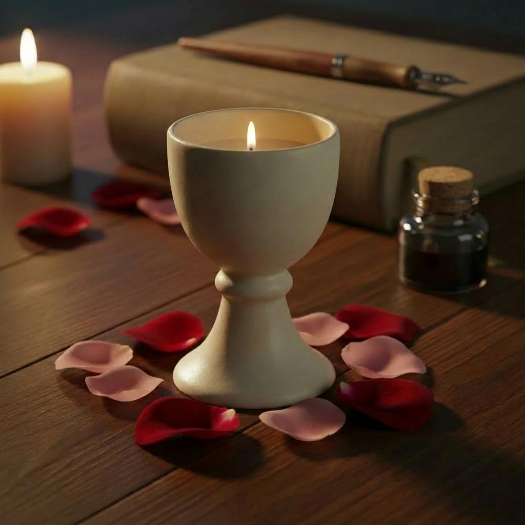 Faith-based Love Poetry A simple ceramic chalice in matte ivory glaze stands on a dark wooden table, surrounded by scattered rose petals in blush and deep crimson tones. Behind it, slightly out of focus, lies a closed, cloth-bound book with a subtle cross embossed on its cover, and a thin ribbon marker trailing gracefully. Candlelight from several off-frame votives bathes the scene in warm, flickering illumination, creating delicate highlights on the chalice rim and soft, layered shadows. Photographic realism, shot from a low, close angle with a shallow depth of field, evoking a reverent, romantic mood that feels both sacred and tender, perfect for illustrating covenant love themes.