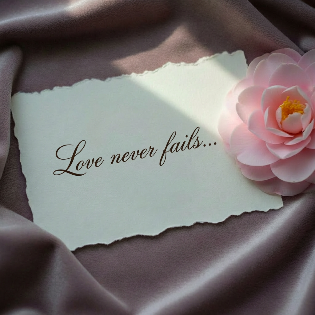 Faith-based Love Poetry An intricately crafted silver heart-shaped locket, engraved with a small cross and delicate vine patterns, rests atop a piece of handmade deckle-edged paper bearing a short, typed verse about divine love. The paper lies on a muted mauve velvet cloth, its soft texture creating luxurious folds around the central objects. A single, pale pink camellia bloom rests to the side, petals gently curling. Cool, diffused window light from above and slightly behind creates a refined, luminous atmosphere with subtle shadows. Photographic realism, captured with an overhead, centered composition and moderate depth of field, emphasizing sophistication, purity, and the enduring beauty of faith-filled affection.