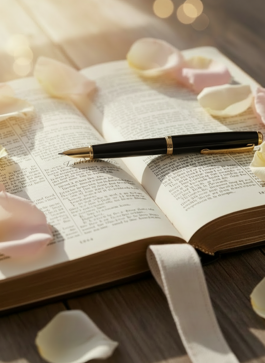 Homepage hero without cross with sunlight over book A faith-inspired, peaceful scene focusing on an open book on a table, with a warm, gentle stream of sunlight illuminating the pages. No cross or overt symbols, just soft light, subtle bokeh in the background, and a calm, devotional atmosphere.