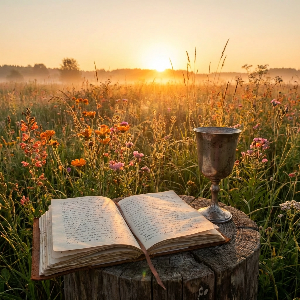 Open journal with pressed flowers and a silver goblet on a stump at sunrise.