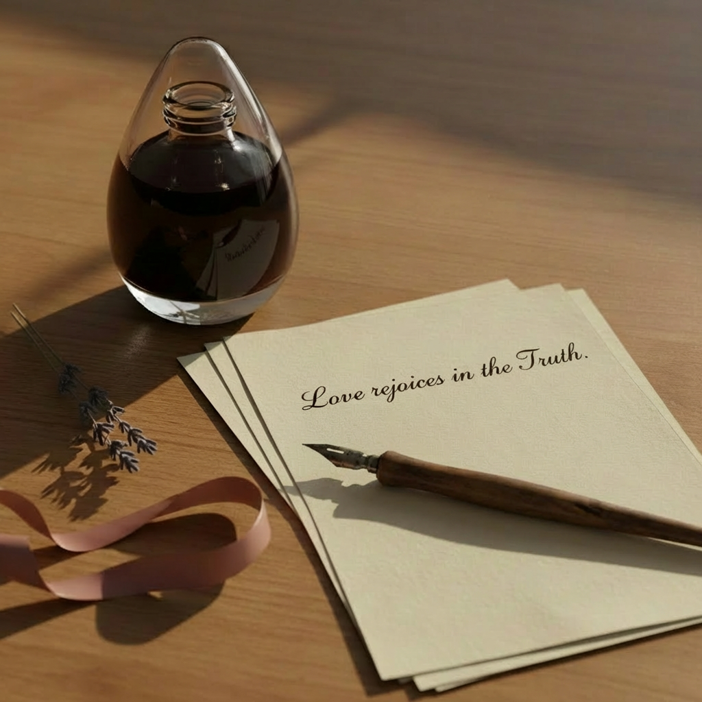 A graceful glass ink bottle filled with deep burgundy ink sits beside a stack of parchment-colored stationery, the top sheet adorned with the opening lines of a love poem written in flowing calligraphy. A subtle, embossed cross watermark is visible on the paper when the light hits just right. Nearby, a small sprig of lavender and a thin satin ribbon in dusty rose add romantic touches. Soft golden-hour light streams across a wooden writing desk, casting long, refined shadows and gentle reflections in the glass. Photographic realism, with a close-up, three-quarter angle composition that feels intimate, serene, and timeless, perfect for faith-based love poetry.