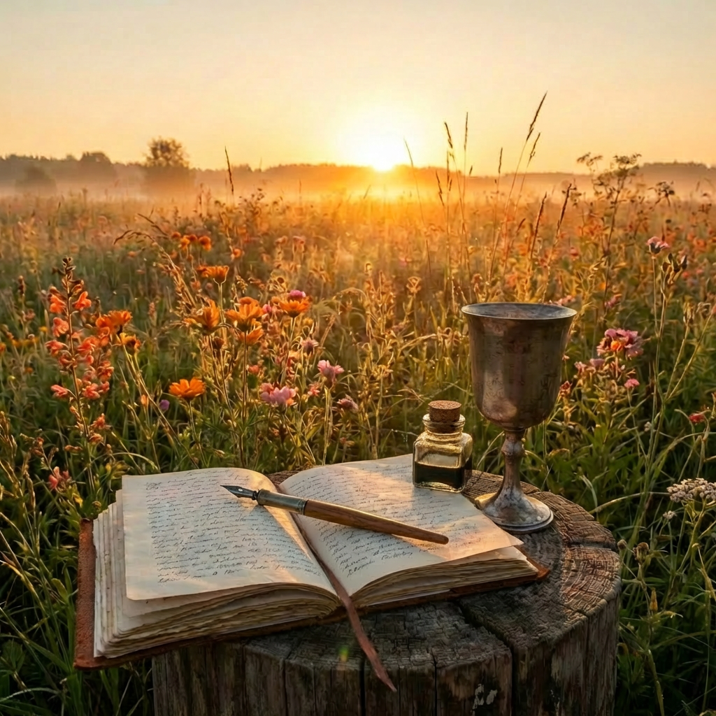 Serene morning reflections with journal and goblet Open journal with pressed flowers and a silver goblet on a stump at sunrise.