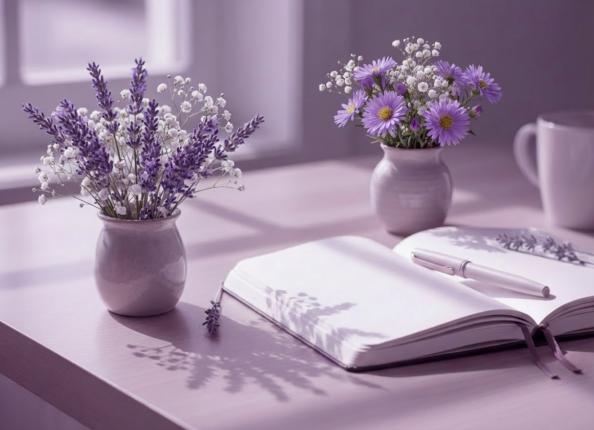 A soft, faith-inspired scene of an open journal with a pen on a wooden table, bathed in gentle pastel purple tones, calm and peaceful, minimalist, plenty of negative space for overlaid text