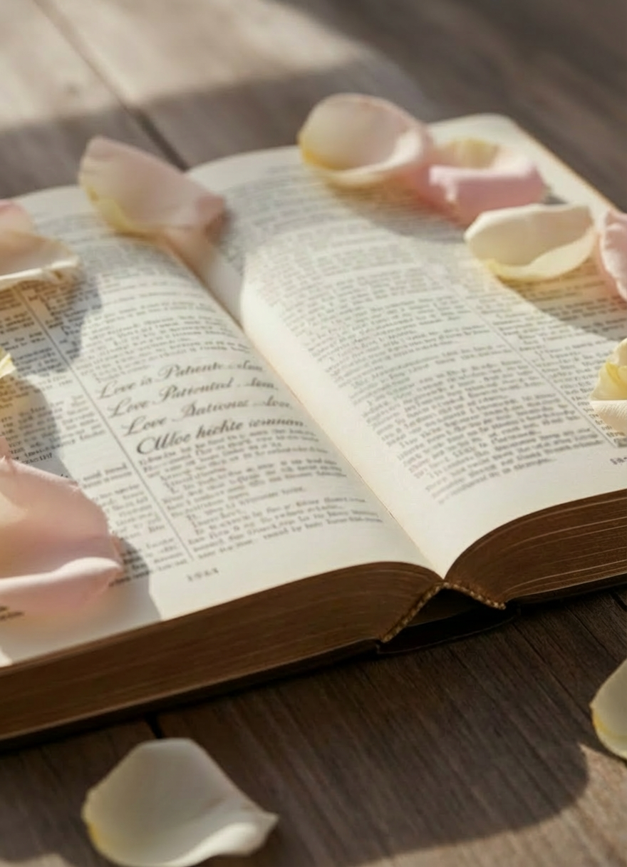 Faith-based Love Poetry A pair of intertwined, hand-carved olive wood rings rests atop an open Bible, precisely centered on a passage about love. The thin Bible pages show subtle texture, with slightly curled edges and faint gold gilding catching the light. Around the book, pale rose petals and a simple linen bookmark form a soft frame. Diffused morning light from the side illuminates the scene, creating tender highlights on the rings and gentle shadows between the pages. Photographic realism, captured from a slightly elevated angle, with a shallow depth of field that keeps the rings and highlighted text in sharp focus while the surroundings dissolve into a graceful, sophisticated blur.